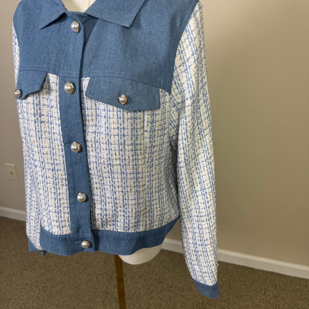 Nanette Lepore Tweed Jacket Denim Trim Boucle Pearl Buttons US Womens L New - Picture 3 of 11